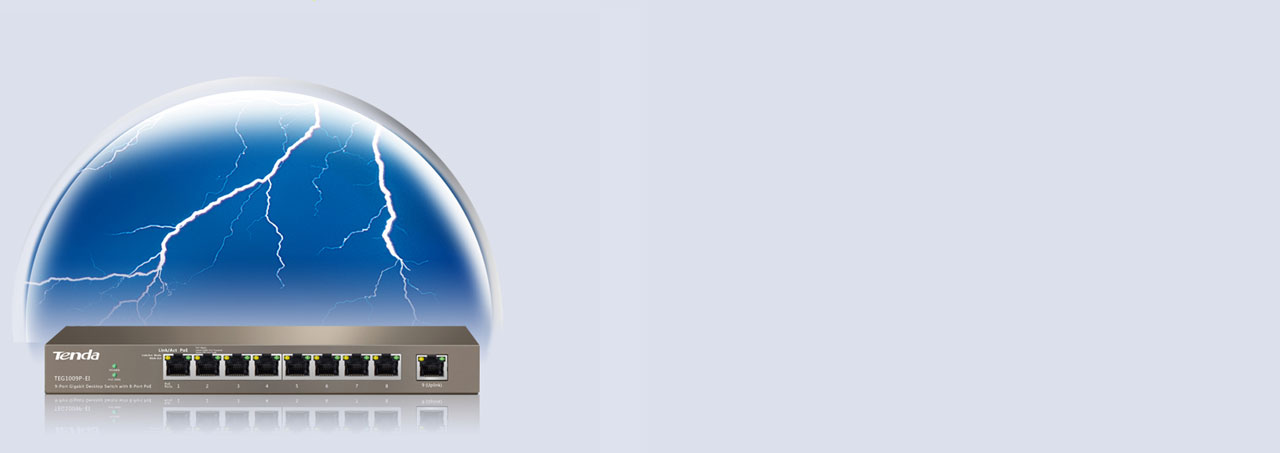 Front view of the Tenda TEG1009P-EI Switch. On top of it is a dome sealing lightning in